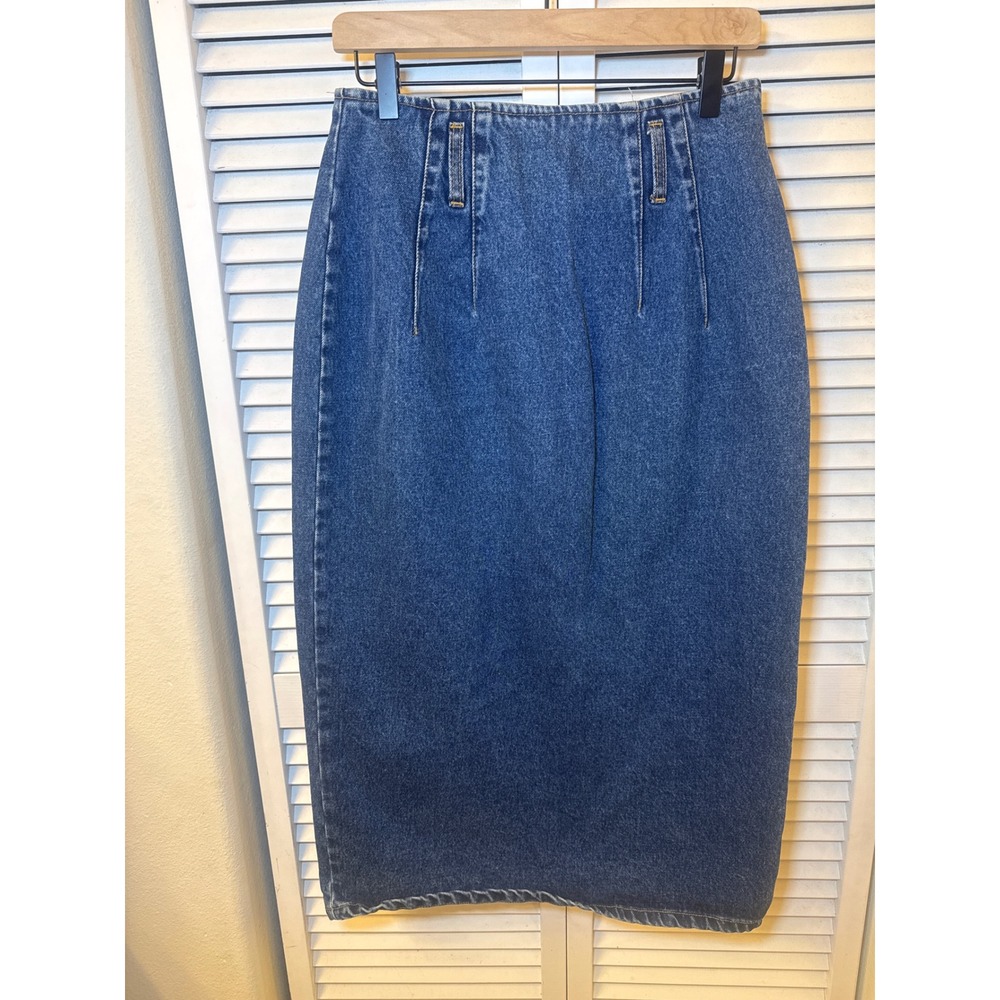 Vintage Squeeze Jeans Denim Midi Skirt Medium Wash High Waist Button Back 13/14